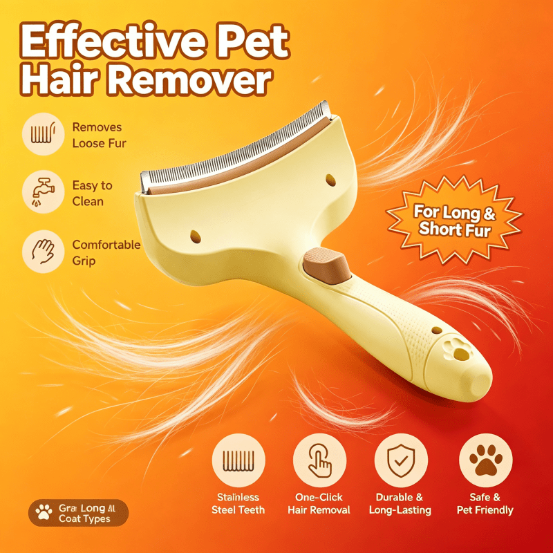 TEMU Pet Deshedding Comb For Cats And Dogs, Self-cleaning Shedding Tool With Stainless Steel Fine-tooth Design, Curved Comb Head Fits Pet's Body,