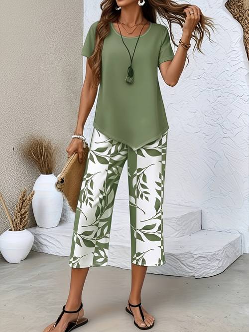 item picture spring and summer womens casual 2pcs set light blue short sleeved crew neck and printing wide legs loose and comfortable daily street commuting versatile casual suit casual loungewear suit