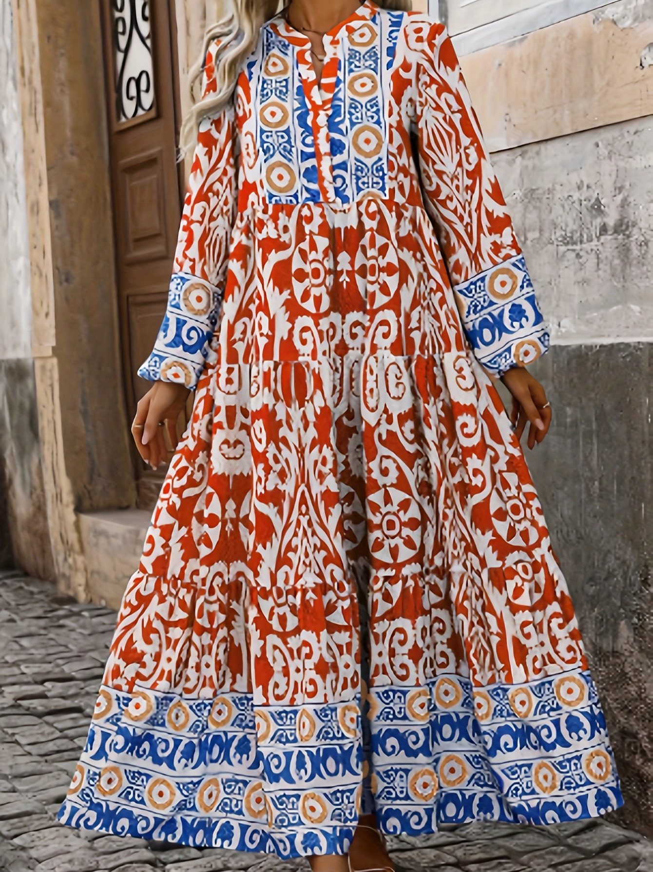 knee length dresses for ladies Davi & Dani Ethnic Print Maxi Dress with Open Crochet Straps in Coral –  June Adel main image 0