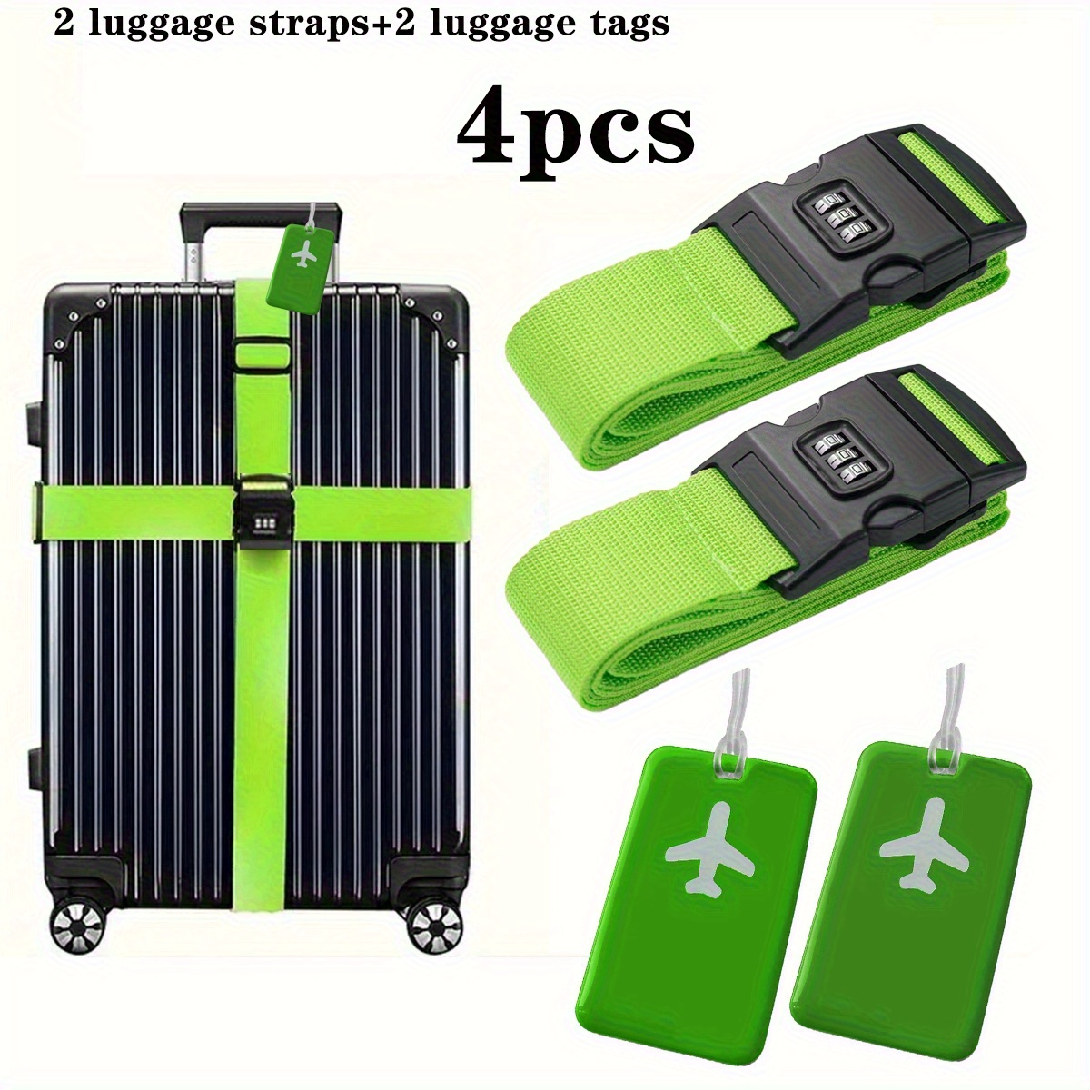 TEMU 4pcs Luggage Straps With Tags Set, 2pcs Suitcase Straps With Password Lock 2pcs Luggage Tags, Travel Packing Additions Set. Equipped With Lock,