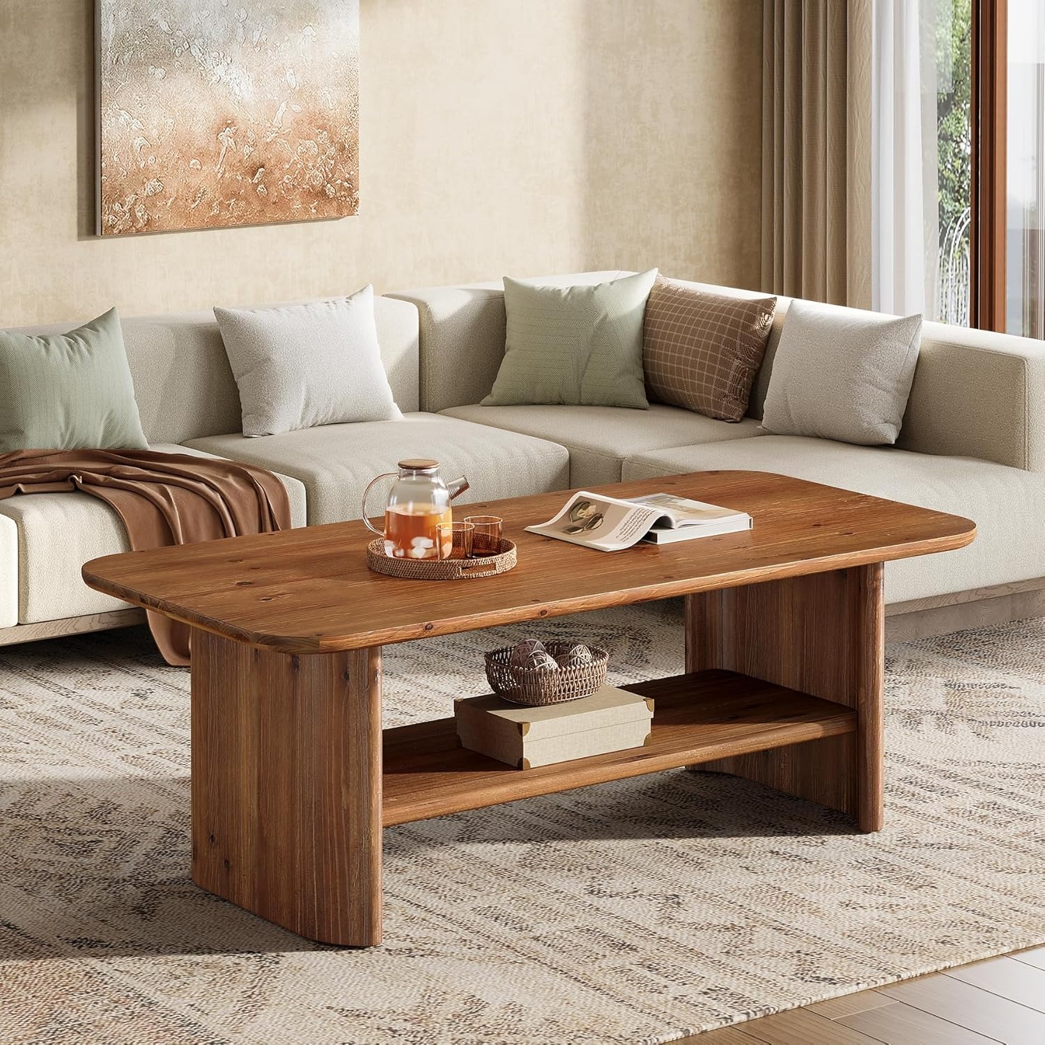 Solid Wood Coffee Table For Living Room, 47.24" Rectangle Coffee Table With Storage, 2-tier Farmhouse Center Furniture For Home, Apartment, Office, Brown