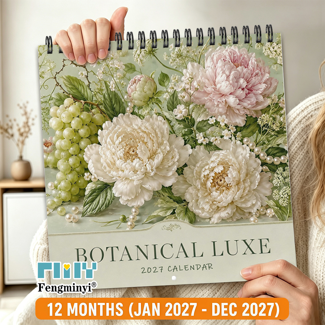 TEMU 1 Book 2027 Luxury Botanical Wall Calendar - Elegant Floral Hanging Calendar With Vintage Roses & Peonies, Double-loop Hanging System, Monthly
