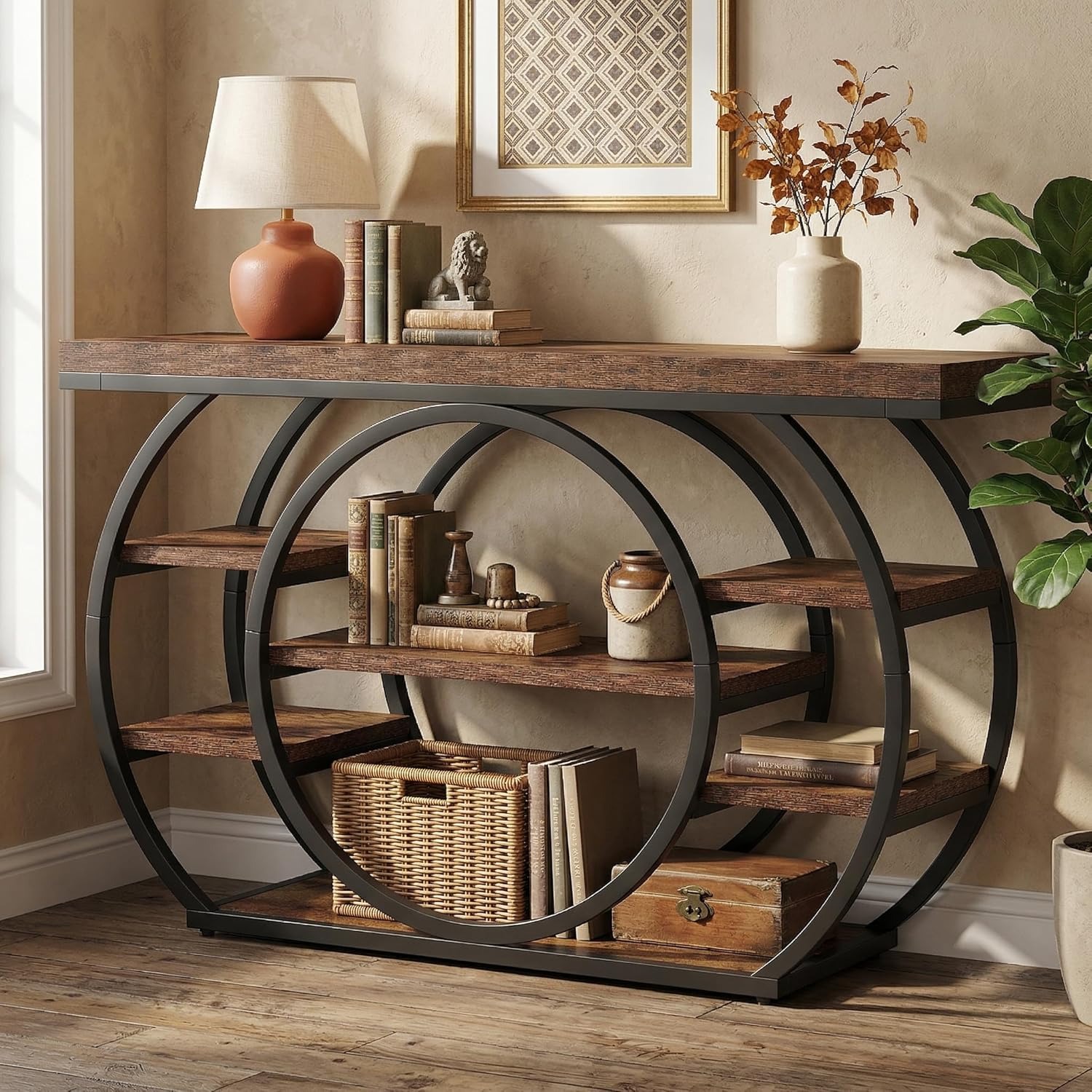 Image of 47' Console Table, Industrial 5-tier Entryway Table With Metal Frame, Narrow Console Sofa Table For Living Room, Hallway, Rustic Brown