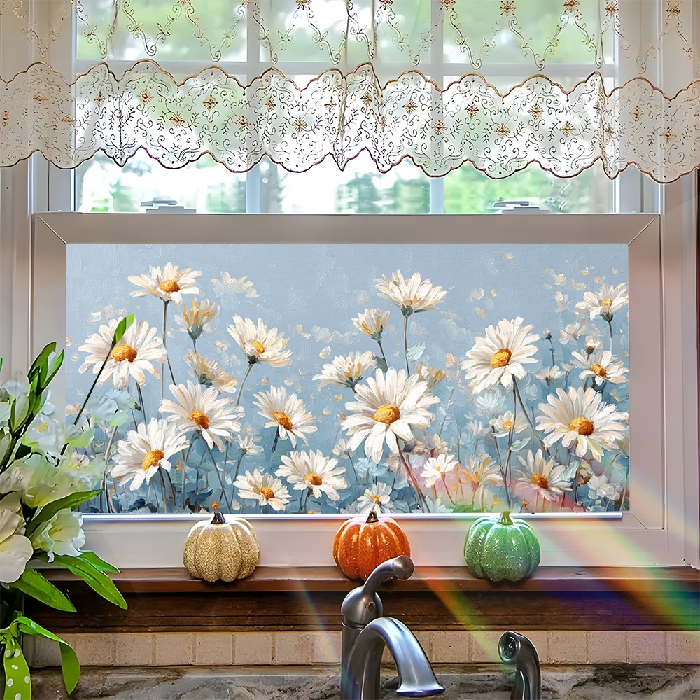 TEMU 2d Flat, 1pc White Daisy Window Film Static Cling Privacy Glass Sticker - Large 39.37"x17.72" (100x45cm) Pvc Removable Cover With Realistic Blue