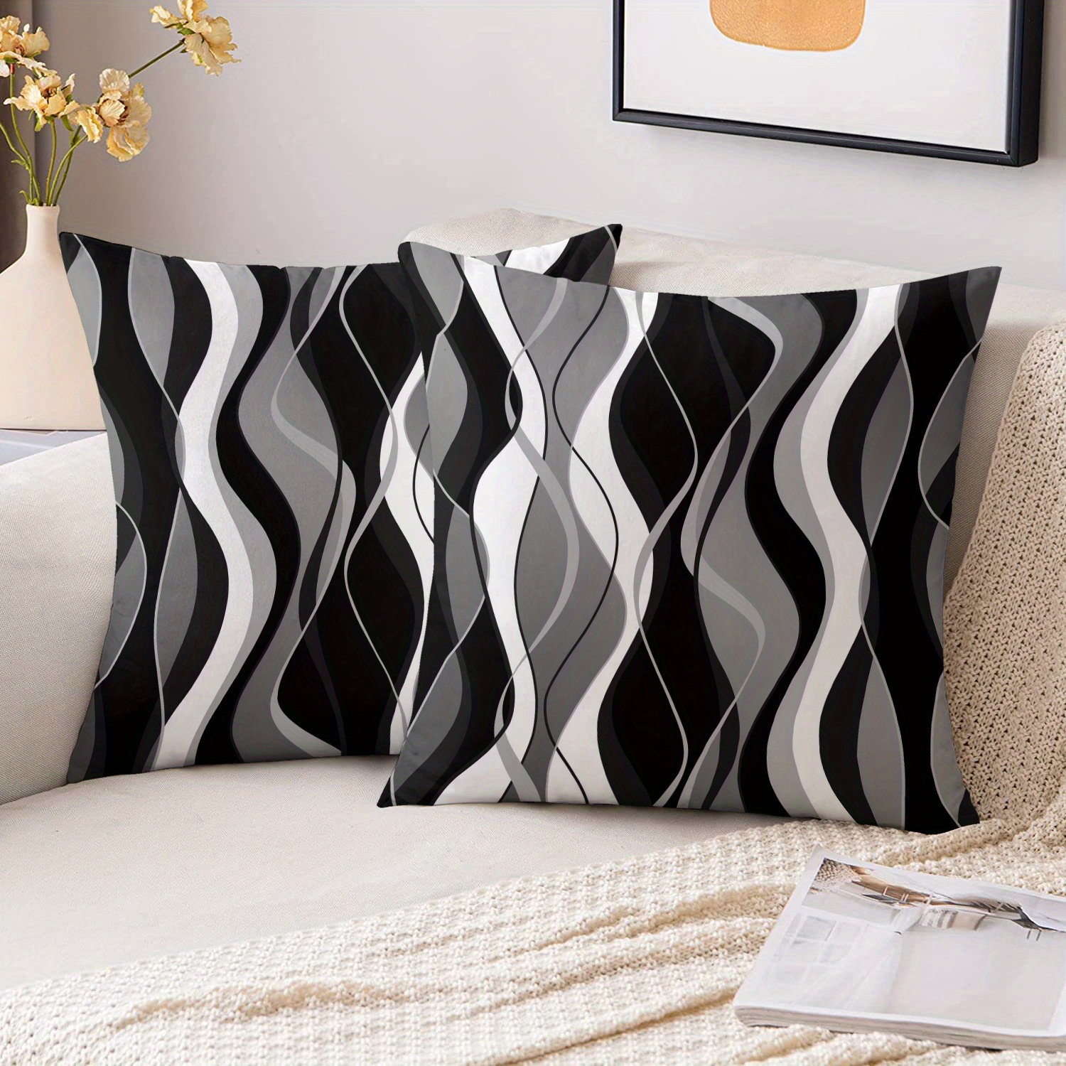 TEMU 2pcs Modern Black And White Abstract Wave Pattern Pillowcases, 45.72x45.72cm, Soft And Smooth Polyester Short Plush Fabric, Double-sided Printed