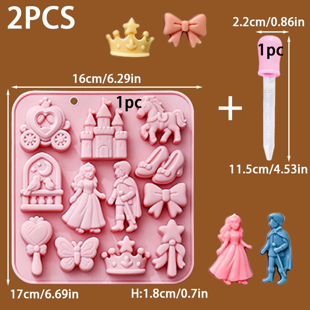 TEMU 2pcs/set: 1pc Small Dropper + 1pc 12-cavity Fairy Tale Theme Silicone Candle Mold, Princess Prince Castle Epoxy Resin Mould, Diy Crystal Shoe