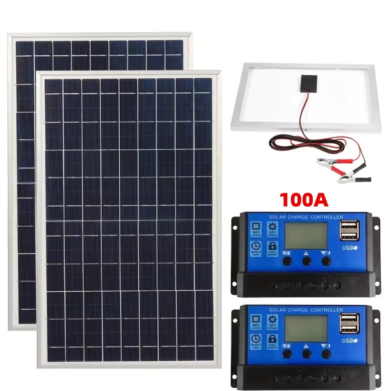 TEMU 2pcs Solar Panel Kit With 100a Charging Controller, Usb-powered Portable Outdoor Solar Power , Suitable For Camping, Rvs, Boats, Mobile Phone