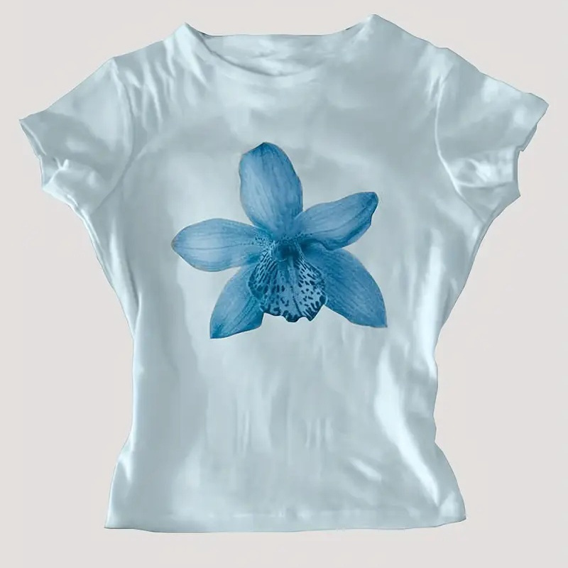 Women's Y2K Style Light Blue Short-Sleeve T-Shirt with Blue Orchid Floral Print - Breathable Summer Top, Machine Washable Casual Tee, Allseasons Top, Minimalistic Design, Smooth Texture