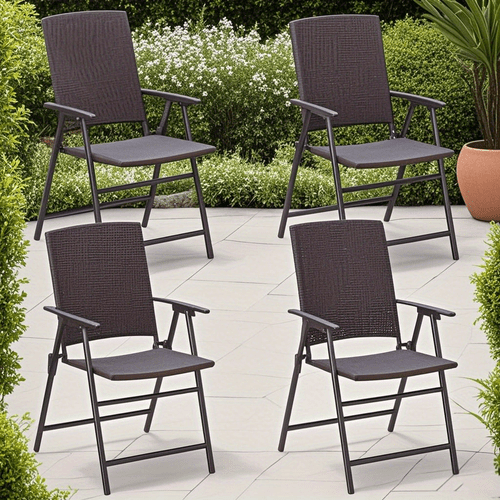 outdoor folding chairs set of 4 patio pe wicker dining chairs with armrests and metal frame portable lawn chairs for garden porch balcony and camping fully assembled