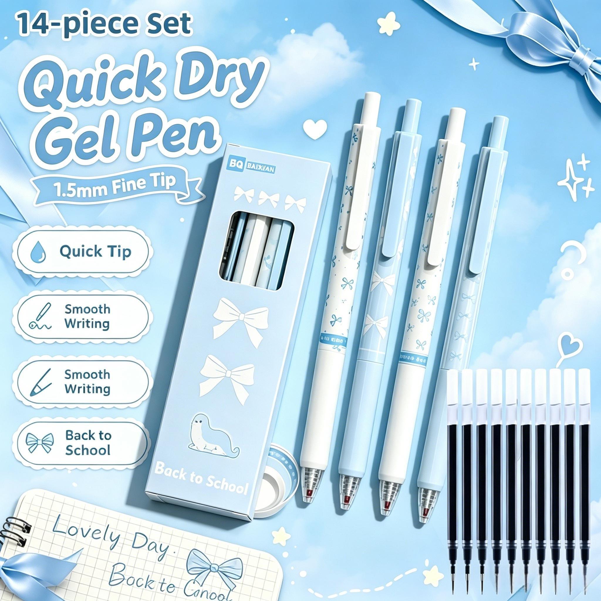 TEMU 14pcs Blue Ocean Bowknot Gel Pen Set, 0.5mm Fine Tip, Black Refill, Exam Practice Pen, Smooth Writing, Essential For Office And Study,