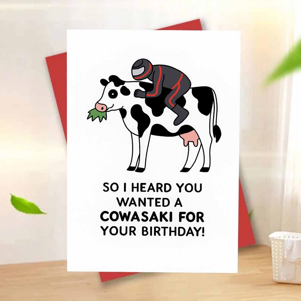 TEMU A Humorous Birthday Card Featuring A Fun Motorcycle Rider On A Bull (includes Envelope) With A Design Themed Around Animals And Bikes,