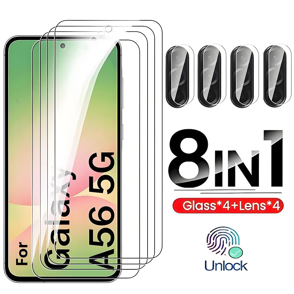 E-shop Set mit 4 High-Definition Displayschutzfolien aus gehärtetem Glas und 4 klaren Kameraschutzfolien, designt für die Galaxy A56, mit vollständiger
