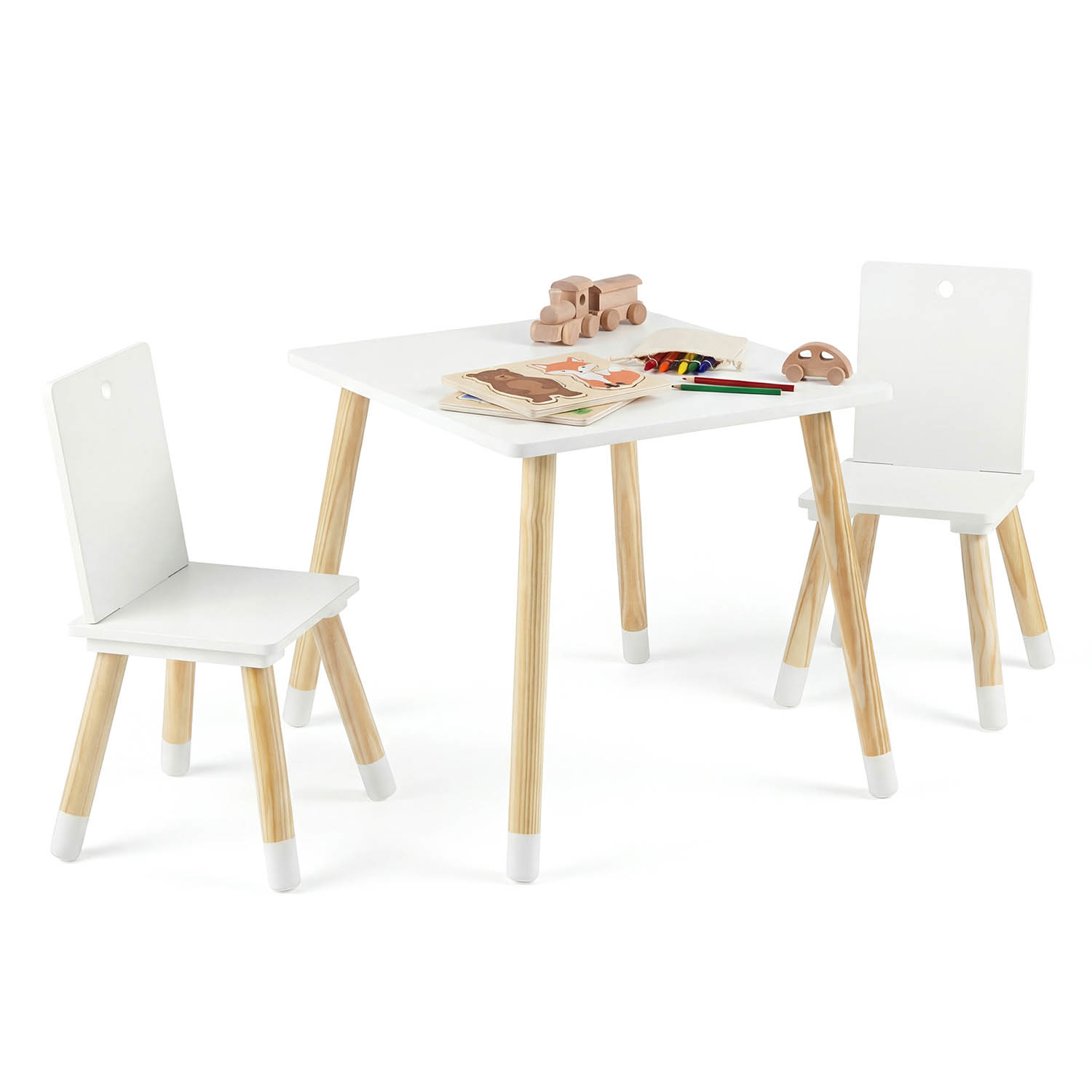 Image of Kids Table And 2 Chairs Set, W/ Pine Wood Legs, Children Activity Table Set, Wooden Table Furniture For Kids Playing, Learning, Eating, White