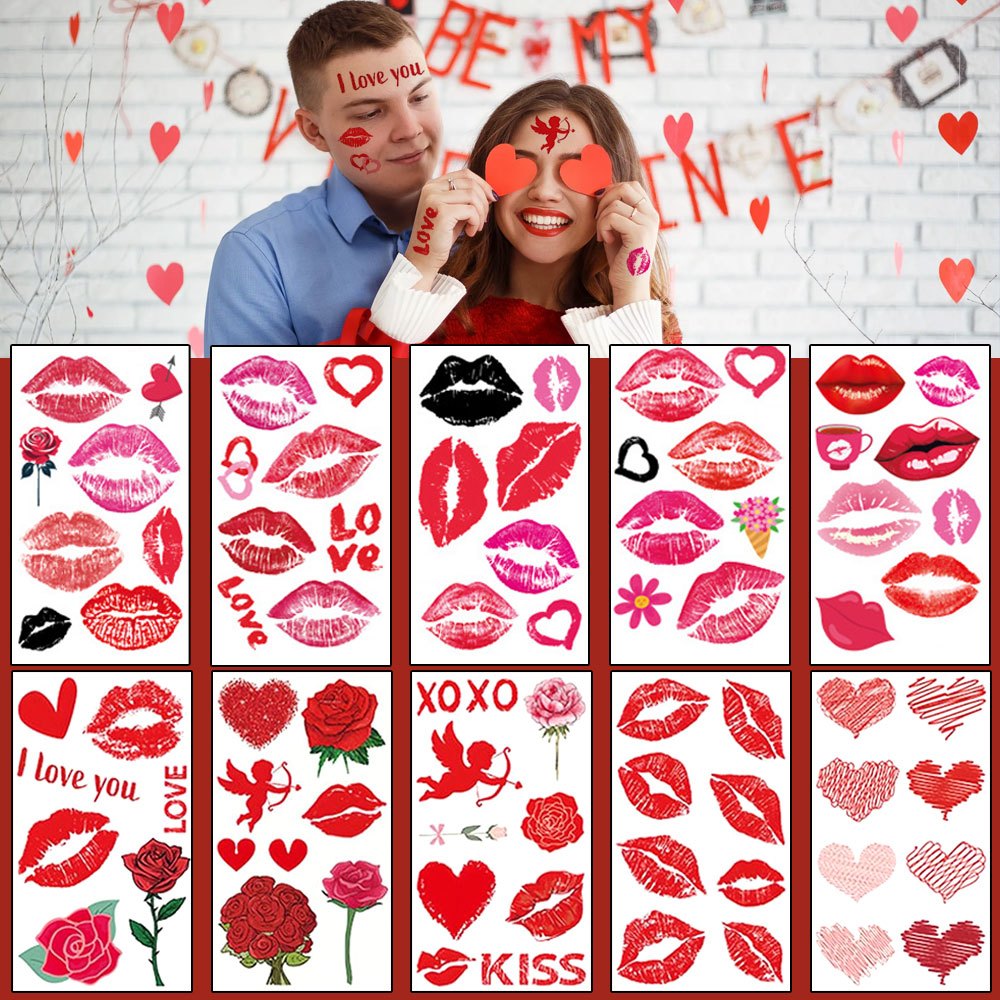 10 Sheets Of Temporary Tattoos Featuring Red Lips, Hearts, And Love-themed Designs, Perfect For Valentine's Day Decorations