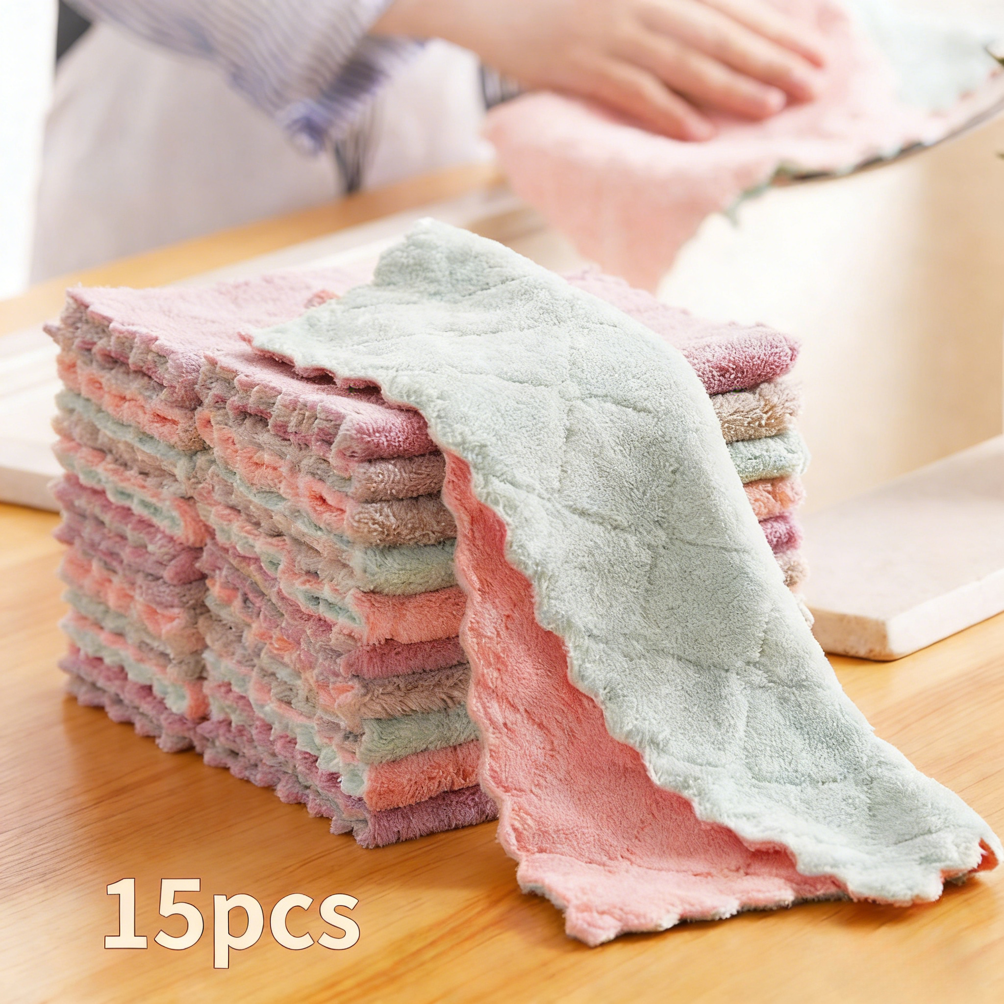 TEMU Value 15pcs Microfiber Dishcloths - Plush Cleaning Pads, Double-sided Kitchen Cloths, Suitable For Dishwashing, Furniture Cleaning, And Bedroom