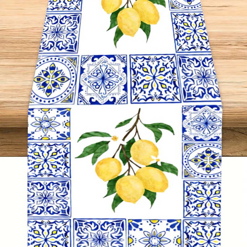TEMU 1 stuk Tafelloper met mediterrane stijl citroenteegelprint behangpatroon, 2D-geprinte tafelloper, geschikt voor eetkamer-, keukentafeldecoratie