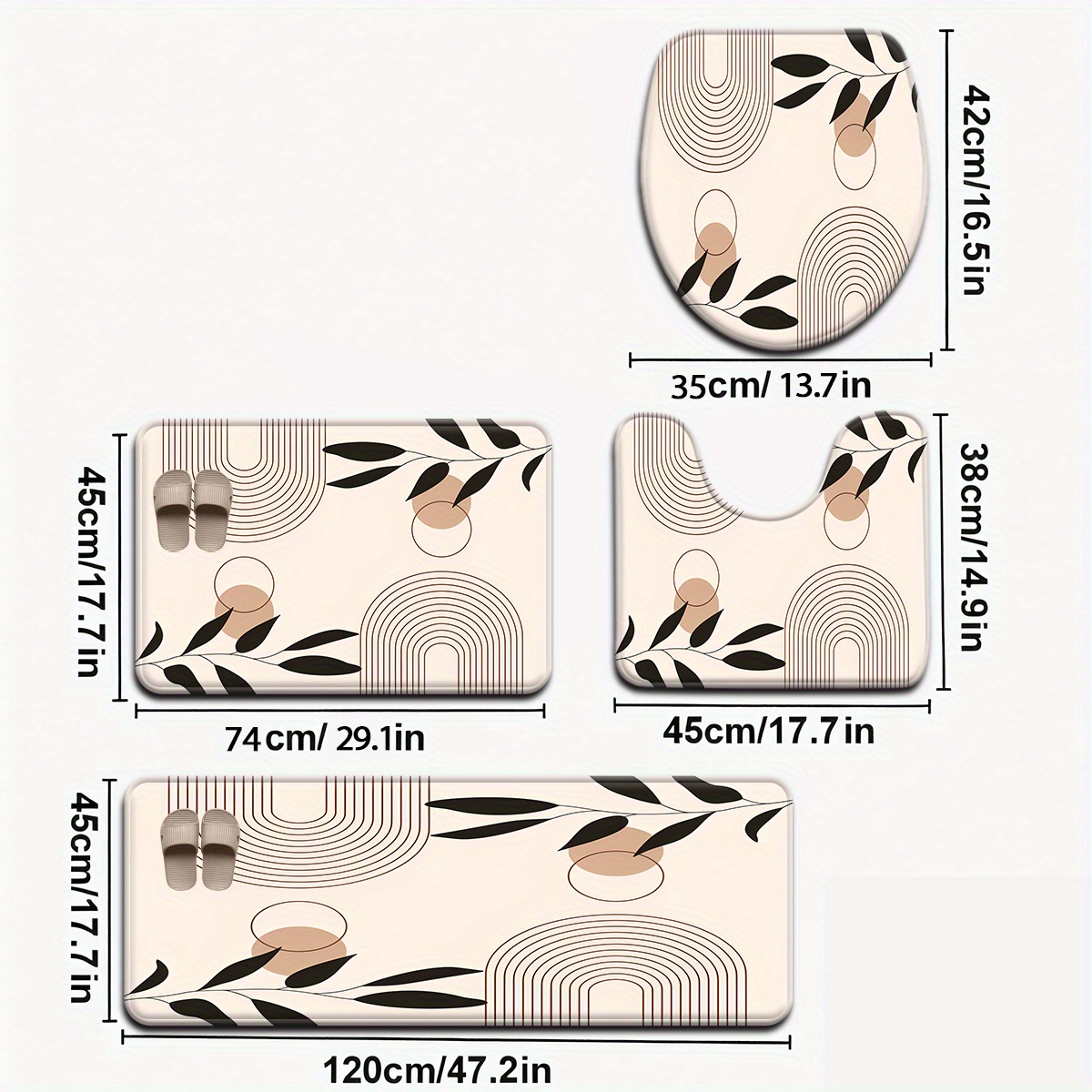 TEMU Ensemble de 3/4 Tapis de Salle de Bain Style Nordique Simple à Motif Feuille et Cercle avec Couvre-Couvercle de Toilette et Tapis en U