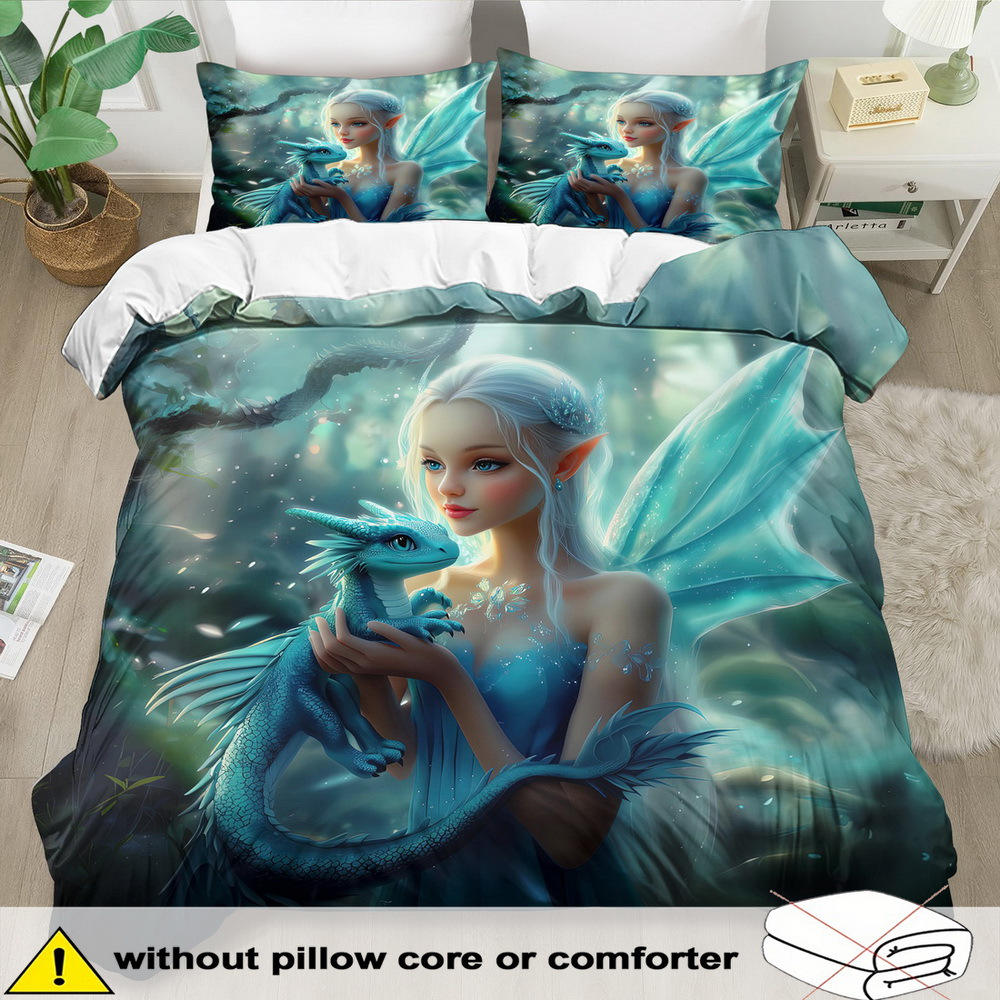 TEMU Fantasy Beauty Theme Down Comforter Cover Set - 2/3pcs, Soft Comfortable Breathable, Beauty And The Dragon Print Bedding Set, Beauty And The
