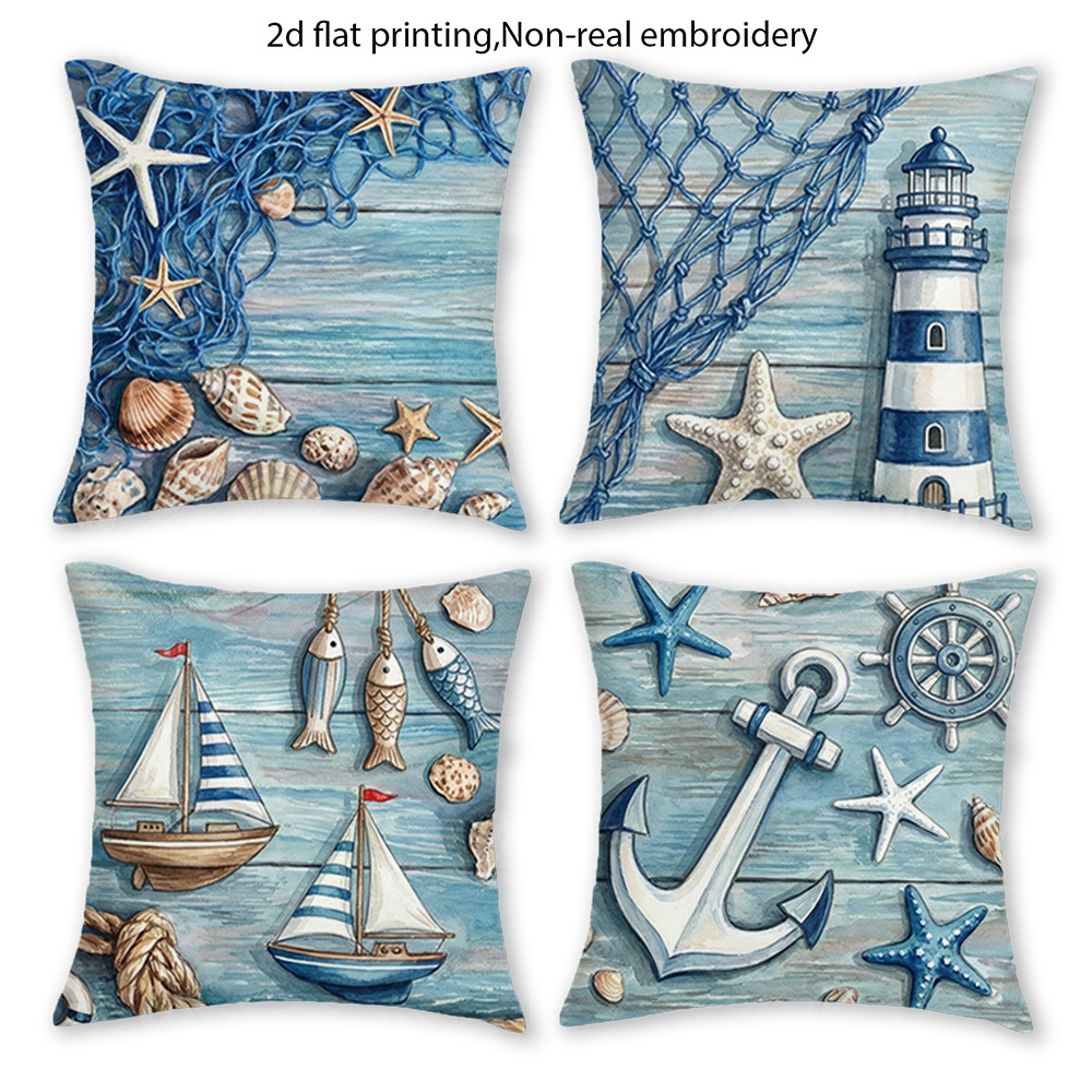 TEMU 2d Flat-4pcs Nautical Coastal Throw Pillow Covers, Blue Ocean Beach Theme Cushion Cases With Lighthouse Sailboat Anchor Starfish Decor For Home