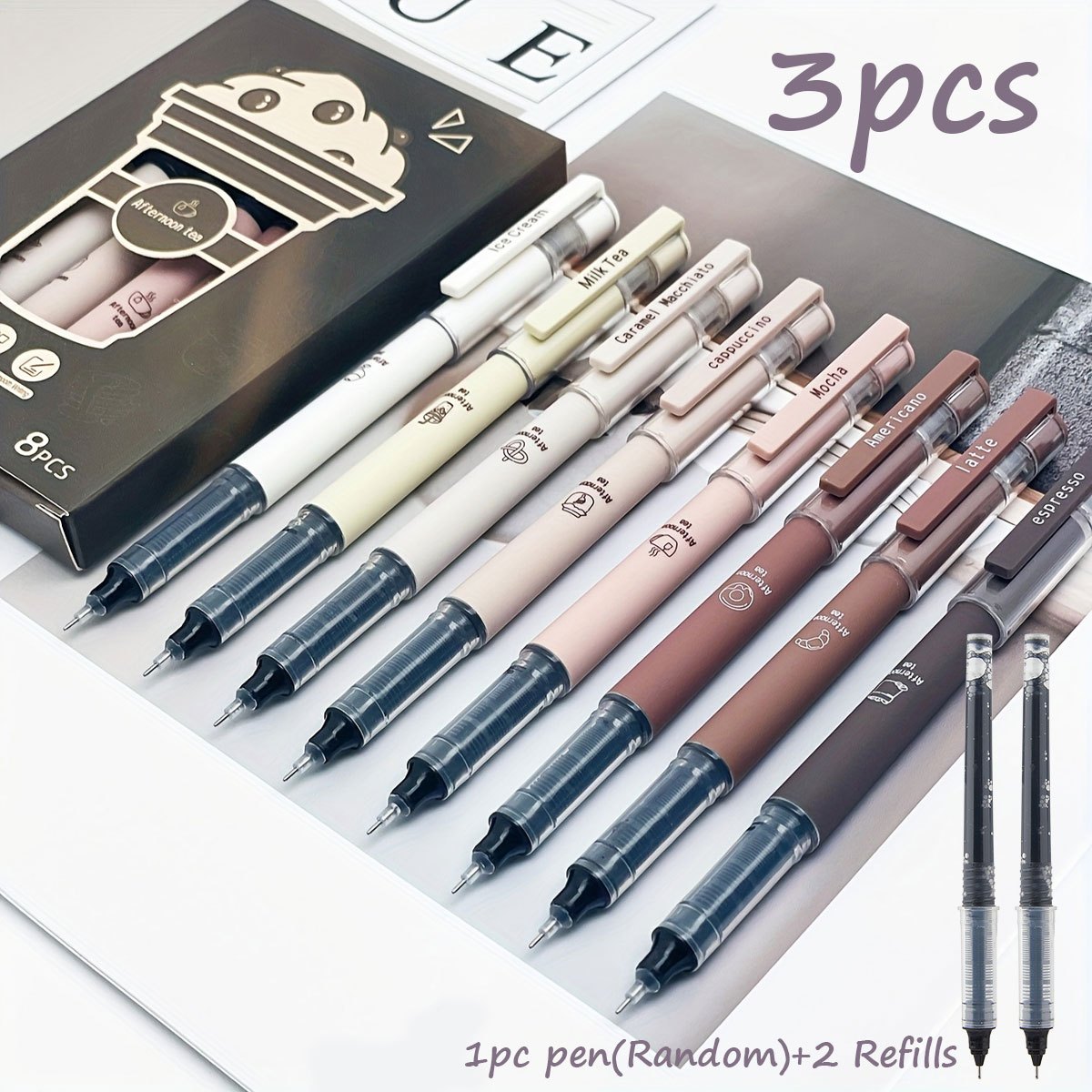 TEMU Lot de 3 stylos à séchage rapide sur le thème du café, pointe souple anti-bavures, adaptés à de notes et au dessin, fournitures scolaires et de
