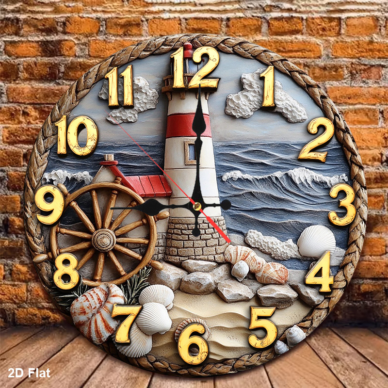 1pc Lighthouse & Coast 12-Inch Silent Non-Ticking Nursery Wall Clock - Wood Frame, Nautical Lighthouse & Coast Design, Face with Hands, Battery- (AA Required) for ' Room, Nursery, Kitchen, Bedroom,, 2D Flat