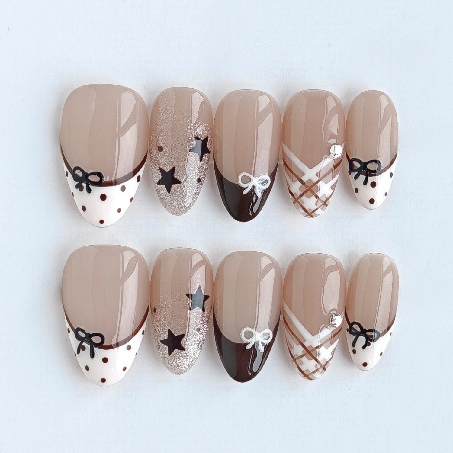 TEMU Handmade Press-on Nails 10pcs, New Short Almond- Bow French Nails, Girly Temperament Style, Suitable For Work And Dates, Mature Outfits And