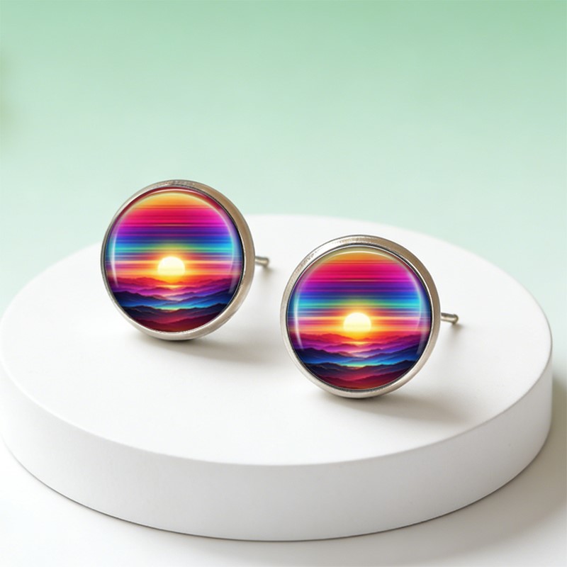 Vibrant Rainbow Sunset Mountain Glass Stud Earrings