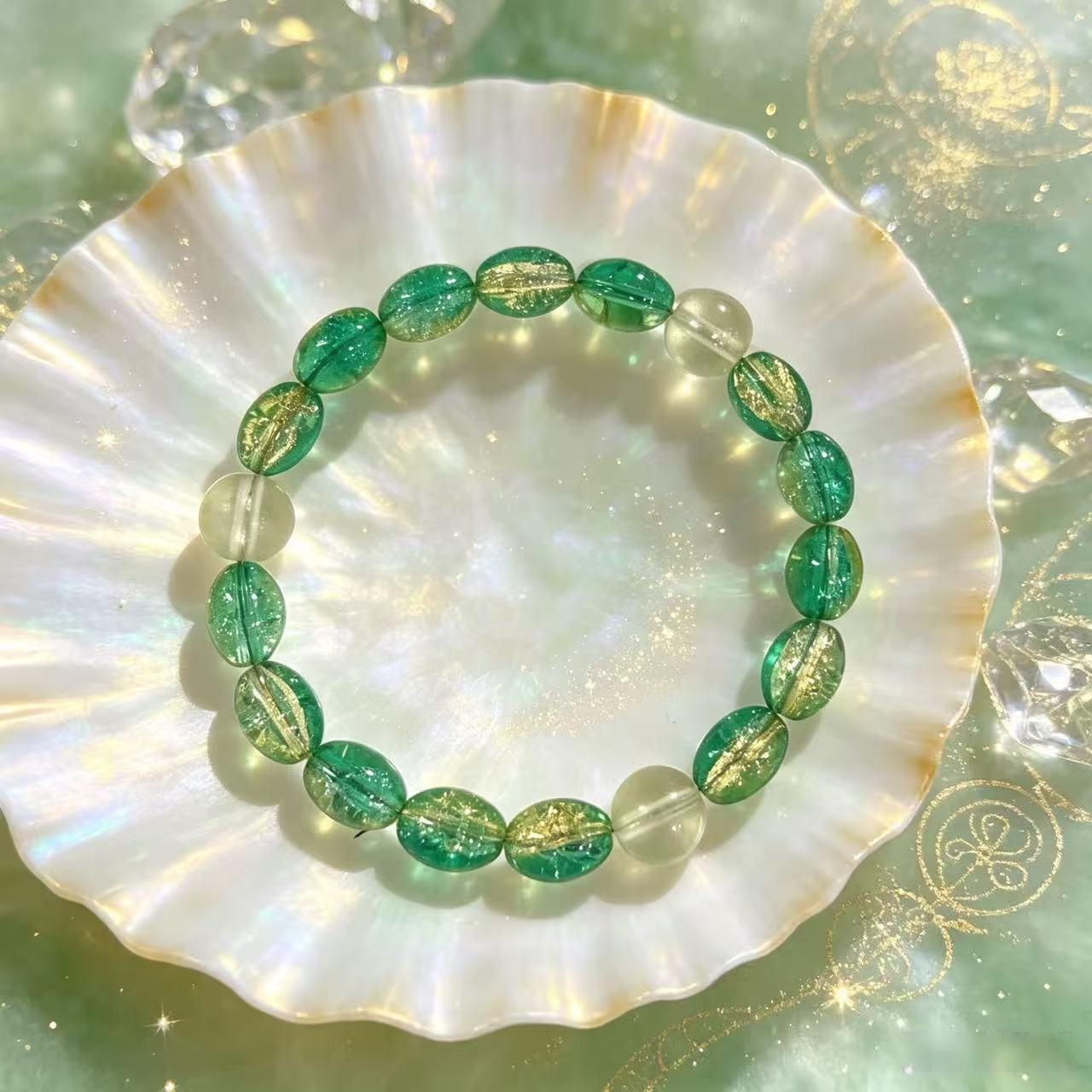 Translucent Forest Green & Clear Glass Bead Bracelet, Fresh Style