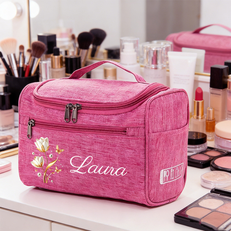 TEMU Elegant Pearl Tulip Print Toiletry Bag, Personalized Name-engraved Light Luxury Organizer, Portable Suitable For Business Travel, Print Features