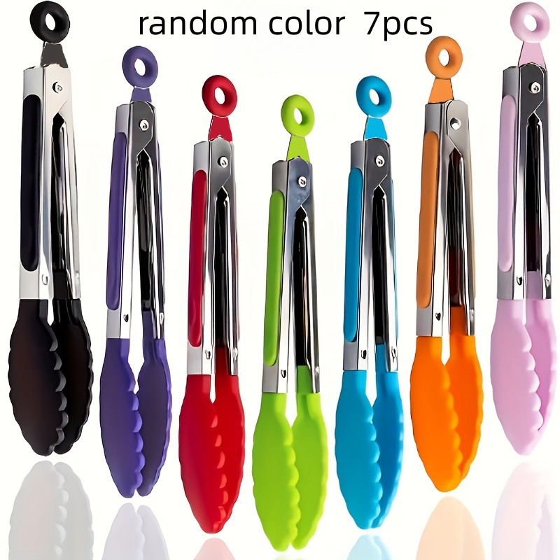 TEMU 7pcs Random Color Stainless Steel Cooking Tongs With Silicone Heads - 7in Small Tongs, Heat-resistant Cooking Tongs, Mini Locking Food Tongs For