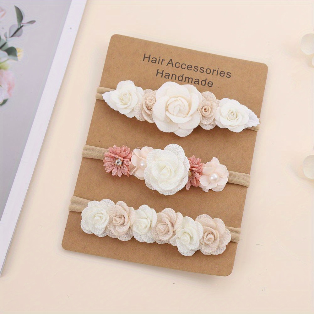 3pcs Floral Stretchy Headbands, Fresh And Versatile Beige Combination Hairbands
