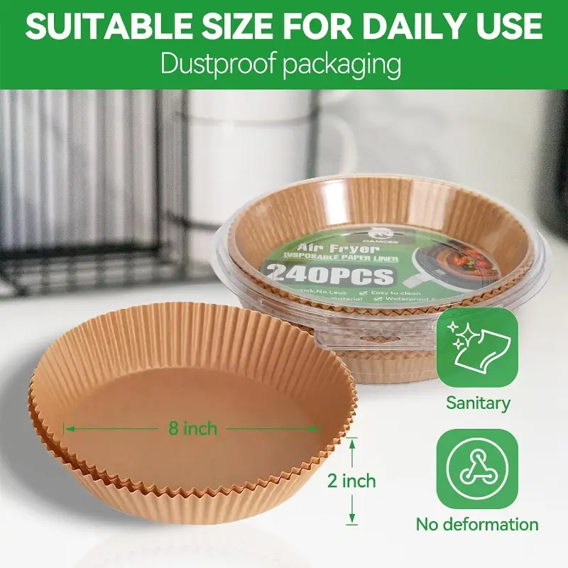 240pcs air fryer parchment paper liners - 8 inch nonstick disposable round baking sheets, 1.5x thicker bpa-free & greaseproof for 5-8 fryers, ovens, microwaves, pans | heat-resistant 428°f, compatible with instant pot, & more | easy , precise cooking times included, air fryer liners non stick, special paper for airfryer, air fryer Product details 1