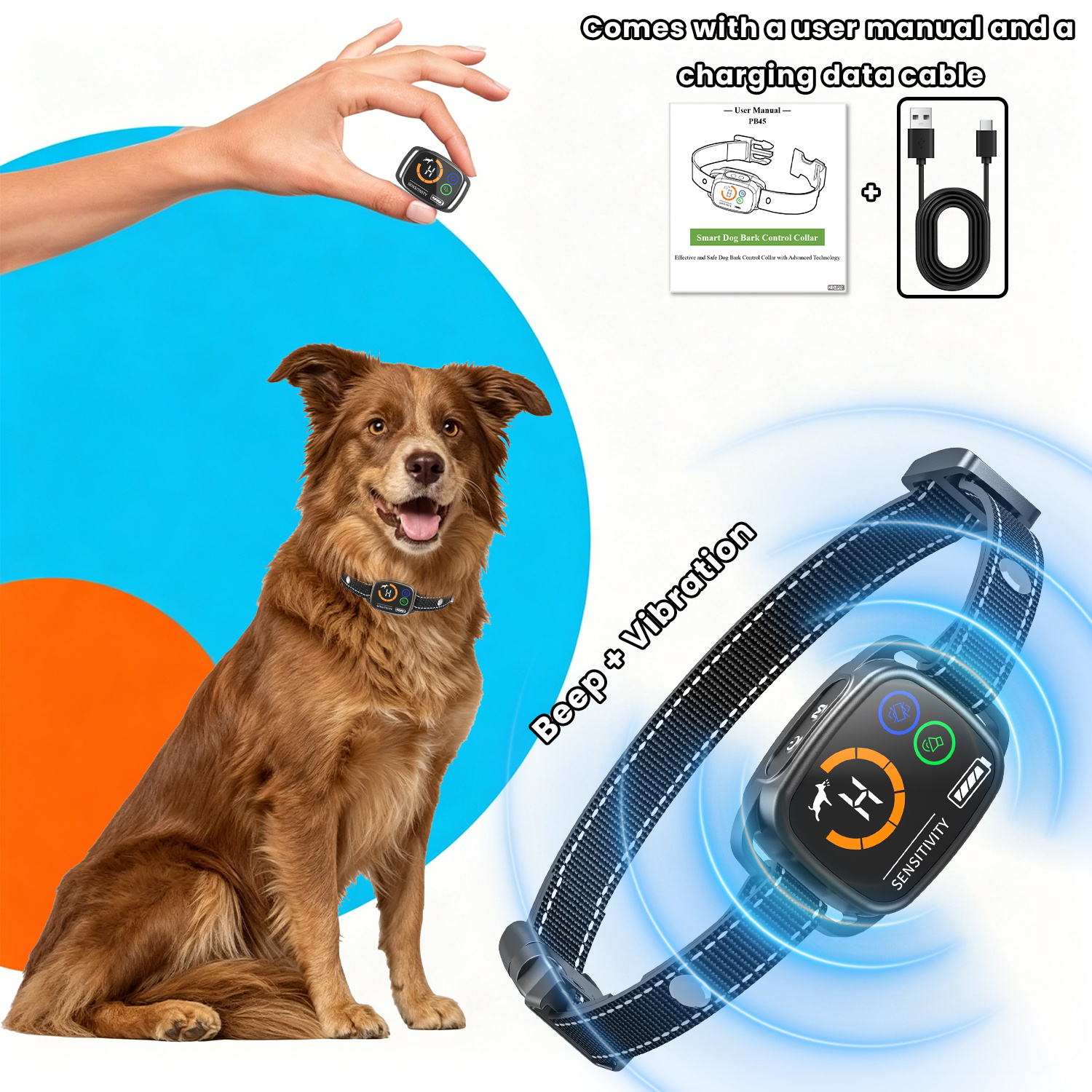 TEMU Collar para perros que ladran, dispositivo anti-ladridos sin descarga con cable de carga y manual del usuario, 5 de entrenamiento y 6 niveles de