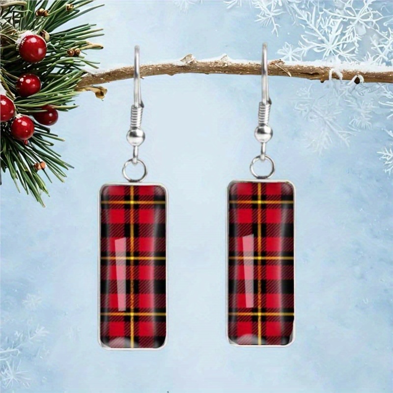 TEMU A Pair Of Elegant Scottish Tartan Style Earrings, Green And Red Ear Accessories, For Valentine's Day, Christmas, Anniversaries, And Birthdays