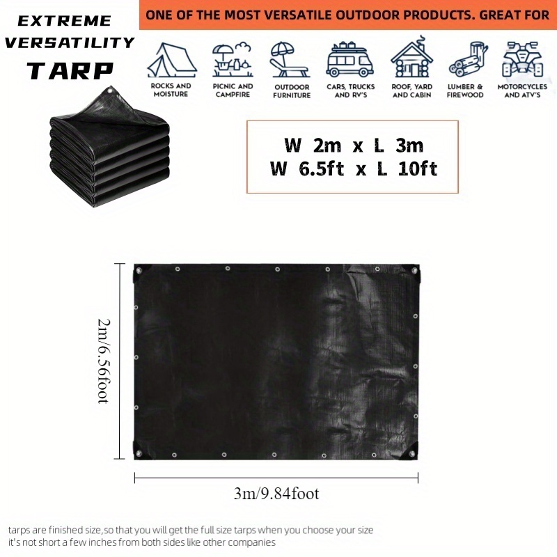 TEMU Black Tarpaulin Heavy Duty Tarps Cover 165gsm Cover Large Flexible - Thick Waterproof, Tear-resistant With Metal Reinforced Eyelets For Farm