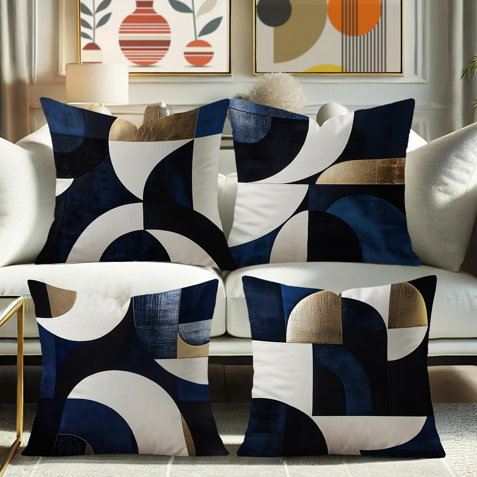 TEMU 4pcs Abstract Geometric Pattern Pillowcase Soft Polyester Material Navy Blue White Short Velvet Fabric Zipper Closure Machine Washable Fashion