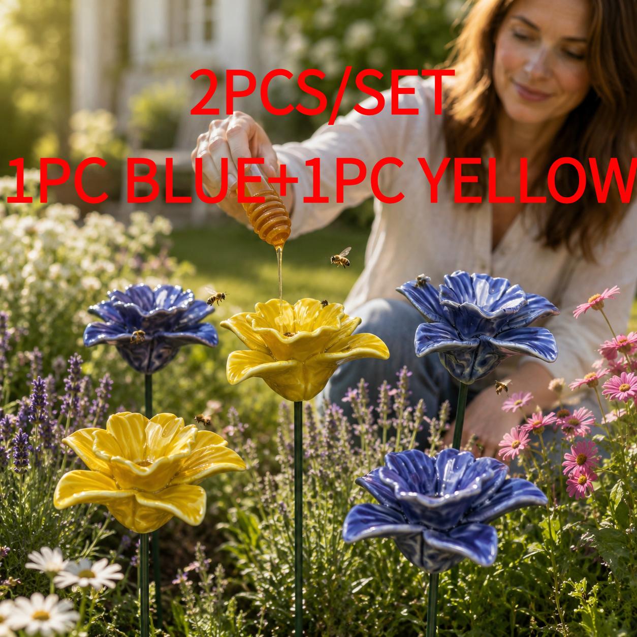 Image of 2pcs Ceramic Bee Feeder Flower Stakes For Garden, Bee Sugar Feeder, Feeder Outdoor, Handmade Feeding Cup, Decorative Yard Lawn Patio Flower Bed Ornament