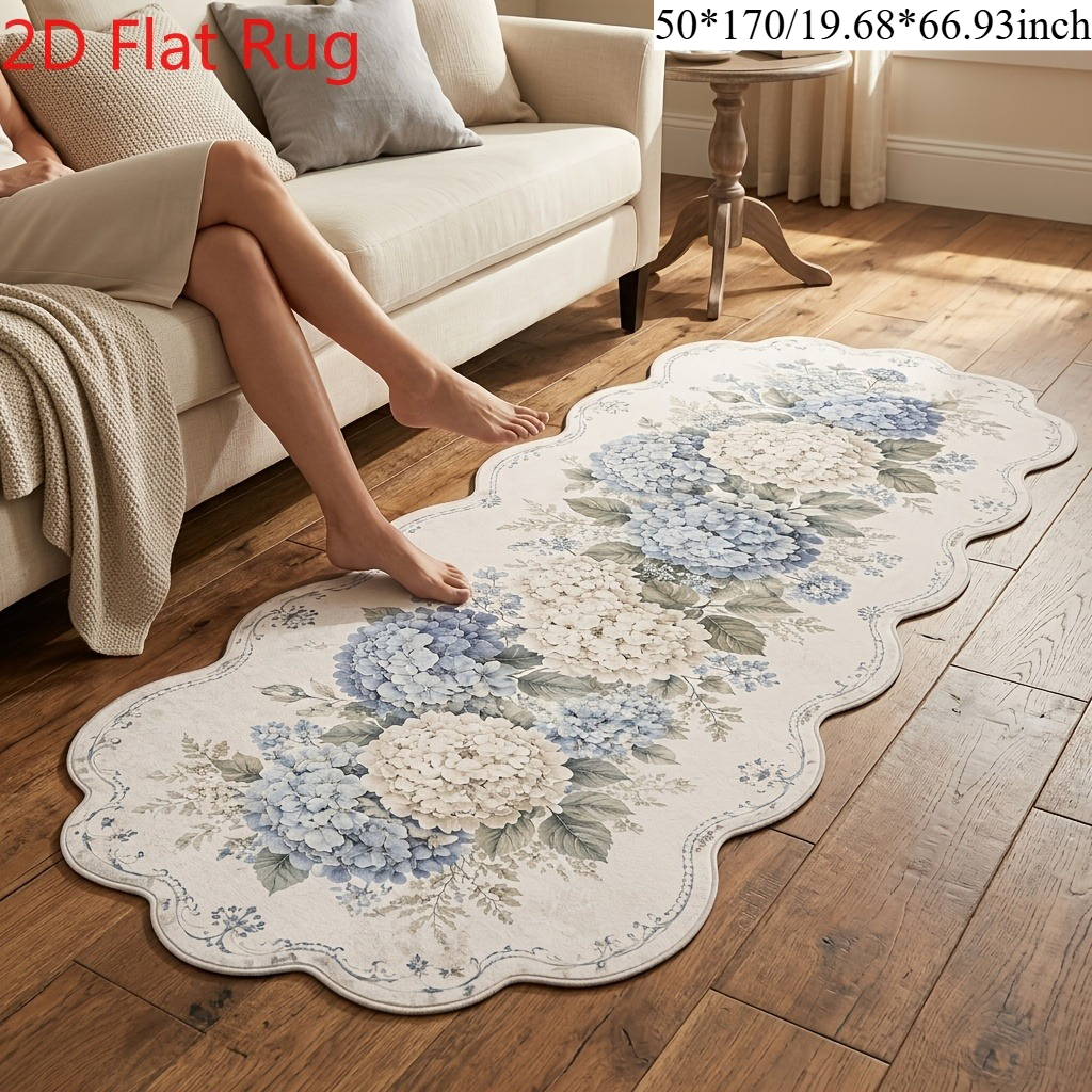 TEMU 1pc Blue Hydrangea Scalloped Edge Carpet, Soft Machine Washable Mat, 2d Flat Printing Floral Decor Carpet, Suitable For Hallway, Bedroom,