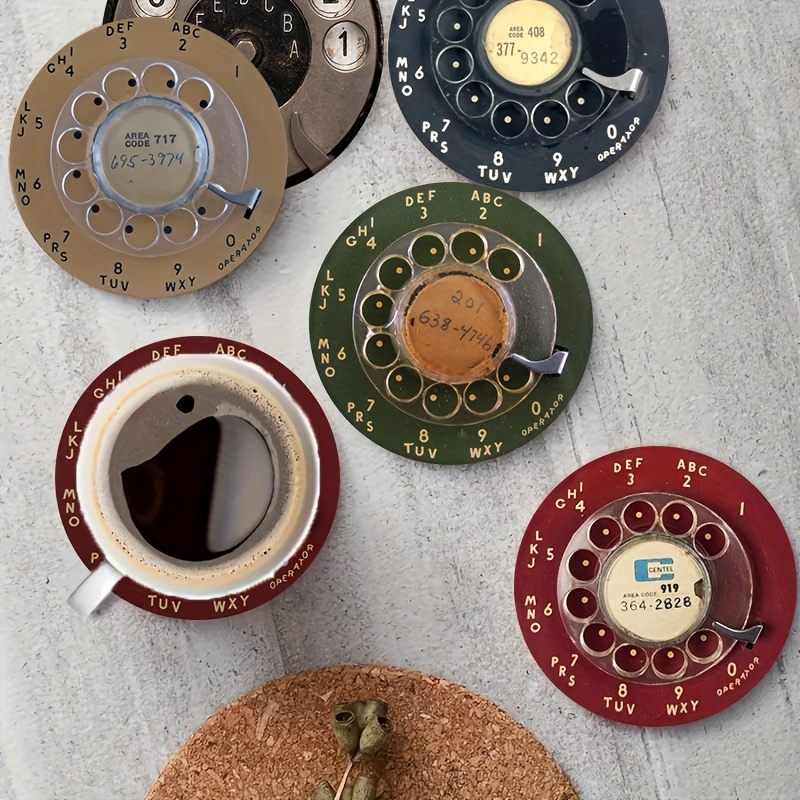 TEMU Lot de 6 sous-verres vintage en bois style téléphone à rotatif - Adaptés pour tasses à café, bars à vin et bière, protège-tables rétro , cafés,