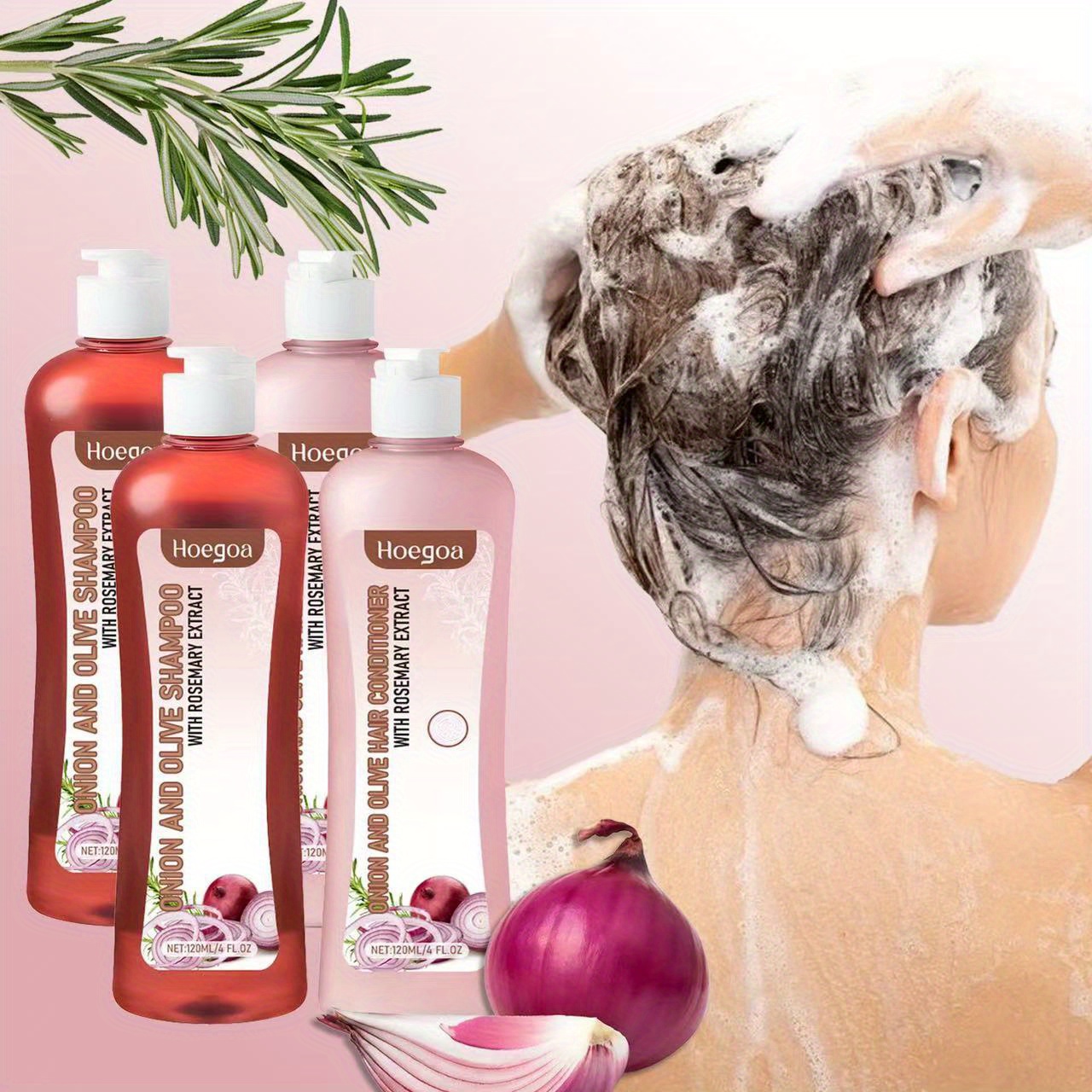 TEMU 4 Bottles/2set Rosemary Shampoo And Conditioning Set, With Onion Oil And Rosemary, For Frizzy And Damaged Hair, Remove Loose Flake, Strengthen