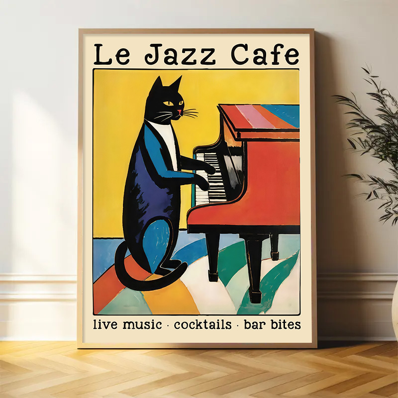 1 stück rahmenlose   café leinwanddruck – retro art deco wandkunst mit schwarzer katze am  , lebendige gelbe & blaue geometrische muster, französische bistro-deko für wohnzimmer, bar, geschenk für musikliebhaber, musikalischer wandschmuck, verspielte katzendarstellung