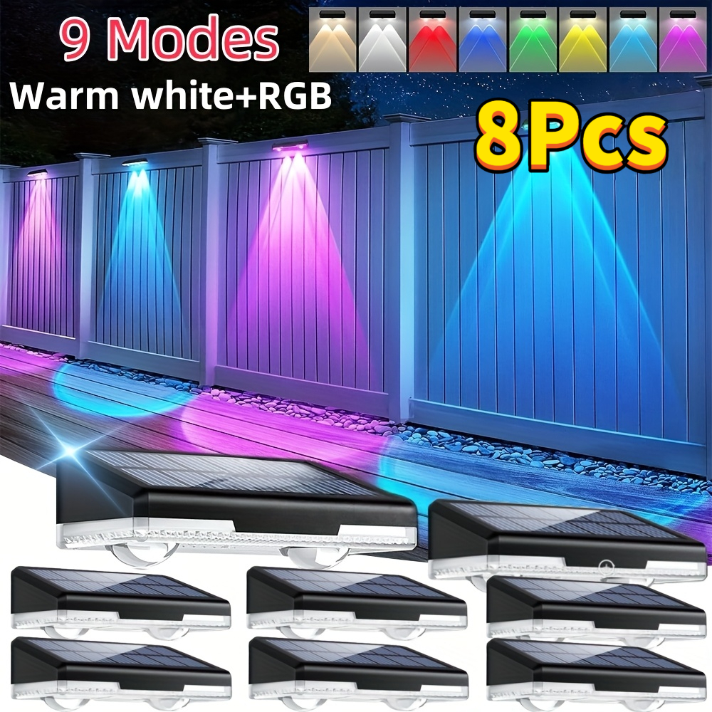 TEMU 4/8pcs Solar Fence Lights For Outdoor Use, Solar-powered Step Lights, Warm White Light With Rgb Color Changing And 9 , Led Lighting For ,