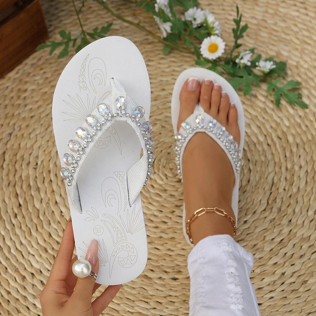 TEMU Women's Fashion Carved Toe-post Flip-flops, Sparkling Rhinestone Chain Toe-post Beach Slippers, Comfortable Lightweight Breathable Non-slip