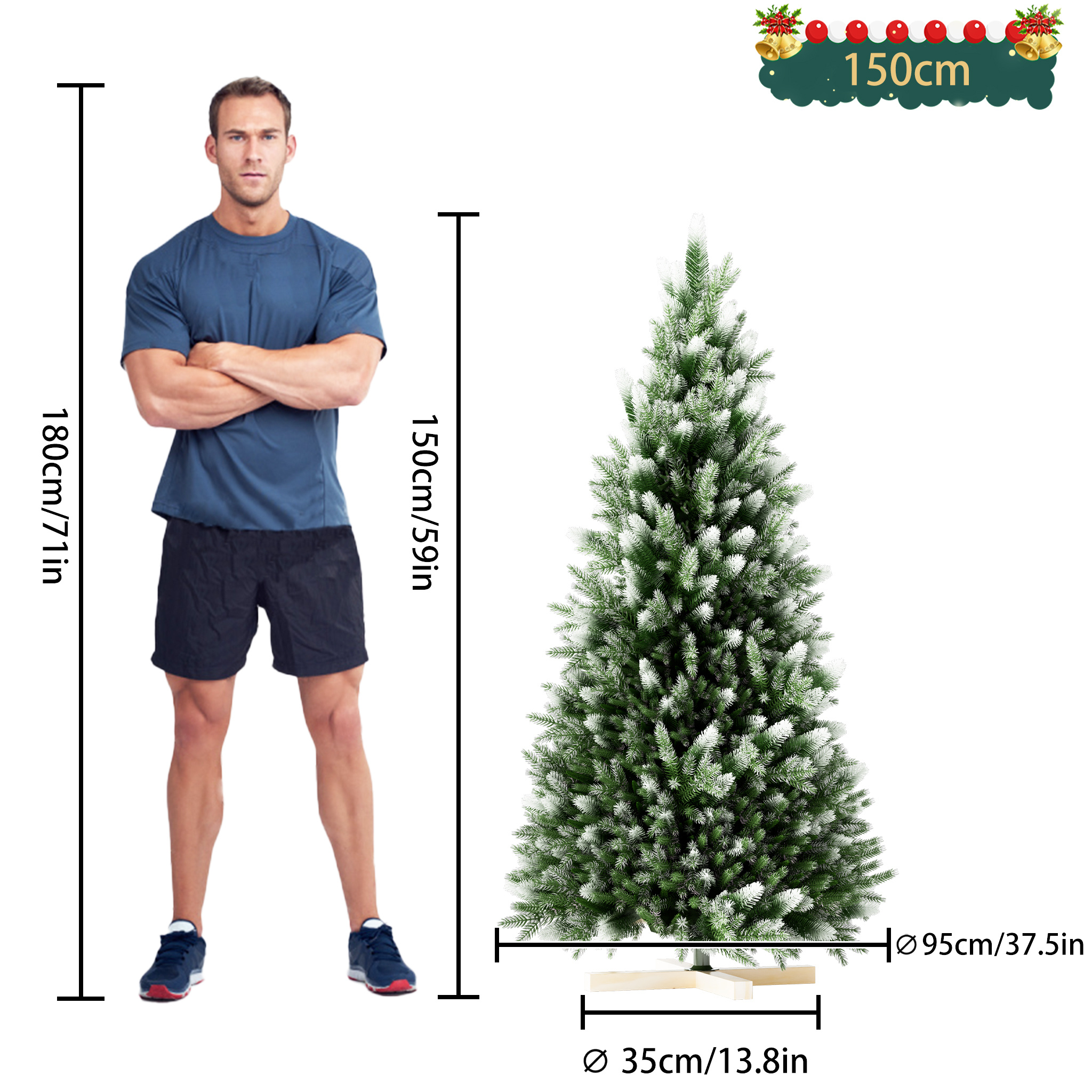 150cm/180cm/225cm Artificial Christmas Tree Snow Effect Christmas Tree Christmas Decoration Tree With Stand, Green Pvc+pe