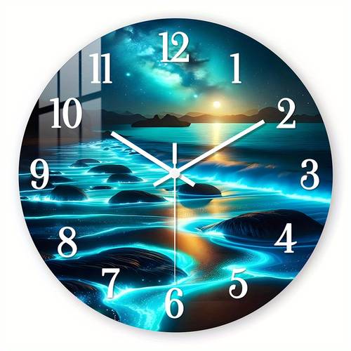 . holz-wanduhr, leuchtendes meer bei nacht musterdesign, gehärtete folie, furnier, -wanduhr, leise uhr, für wohnzimmer, fantasy-themen-zimmerdekoration, ideales ästhetisches geschenk, batteriebetrieben (aa-batterien nicht enthalten)