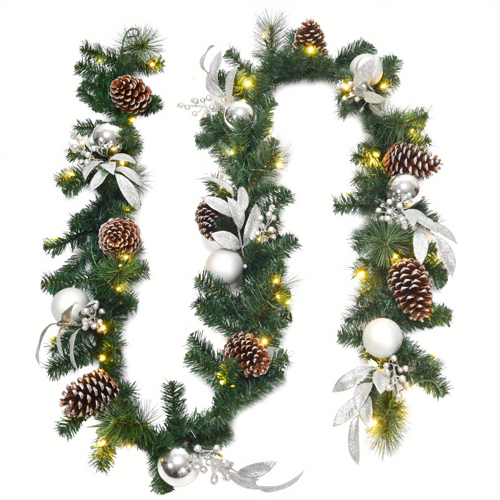 TEMU Guirlande de Noël artificielle LIFEZEAL de 9 pieds, guirlande de Noël en pin avec 50 lumières LED, pommes de pin, boules et feuilles argentées,