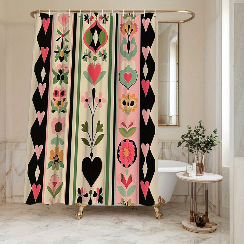 TEMU 1pc Vertical Floral Heart Shower Curtain - Bright Colors Polyester Bathroom Decor With 12 Hooks, 70.8x70.8 Inches, Machine Washable & Air Dry