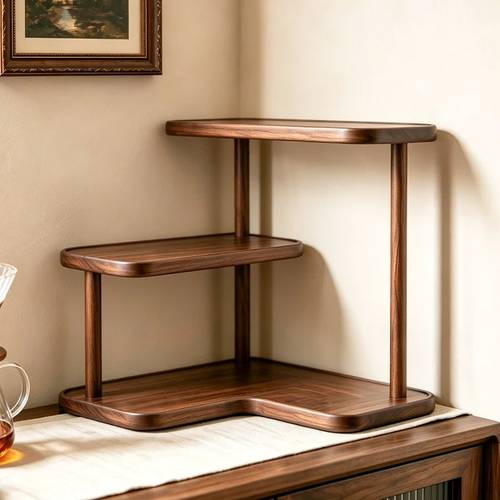 premium bamboo multi tier l shaped corner countertop shelf walnut bar organizer rack century rustic display storage shelf for coffee station kitchen spice office desk upscale vintage home organizer