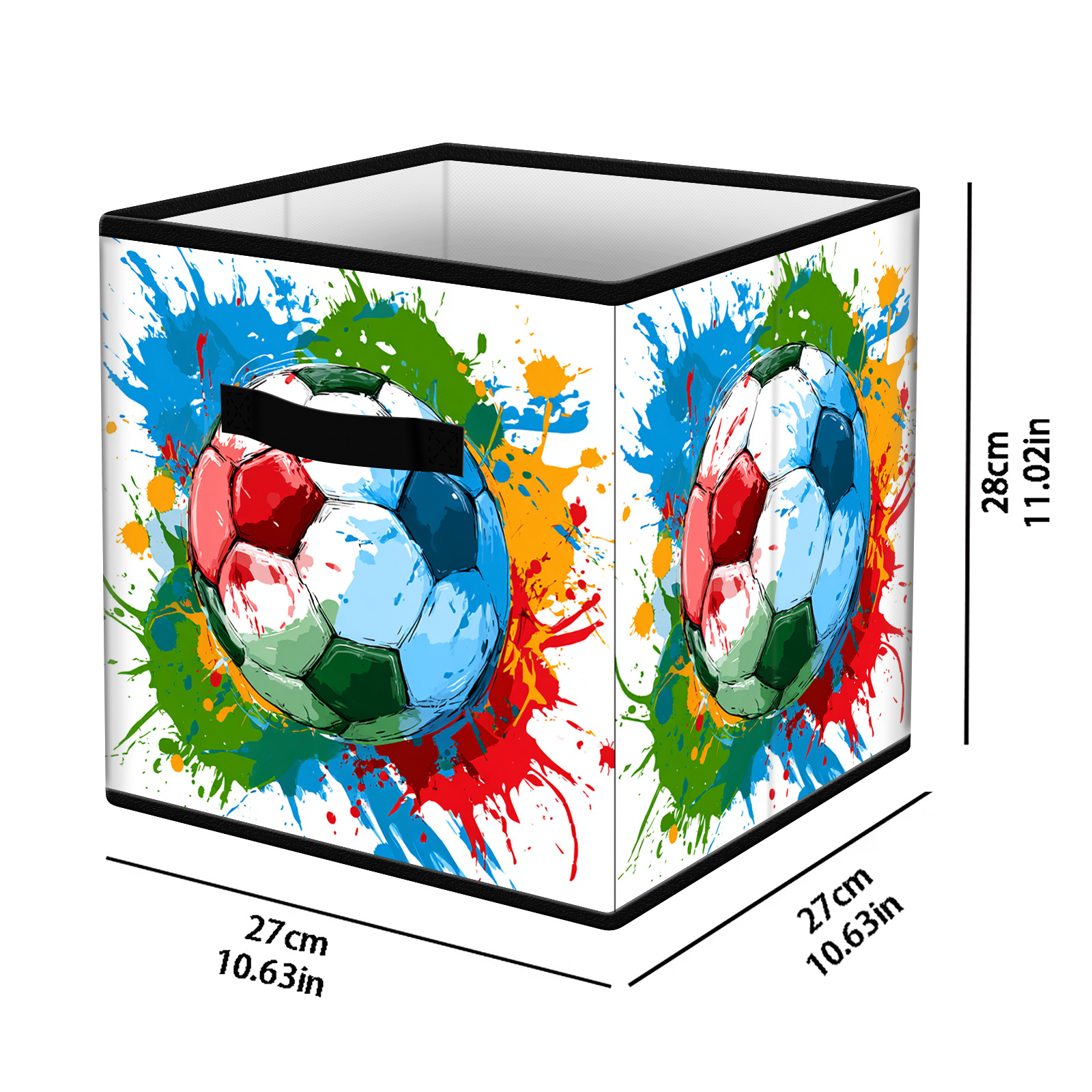 TEMU Panier de Rangement Pliable - 27x27x28cm, Organisateur , Panier à Motif Graffiti Éclaboussure de Football Tendance avec Poignées Renforcées.