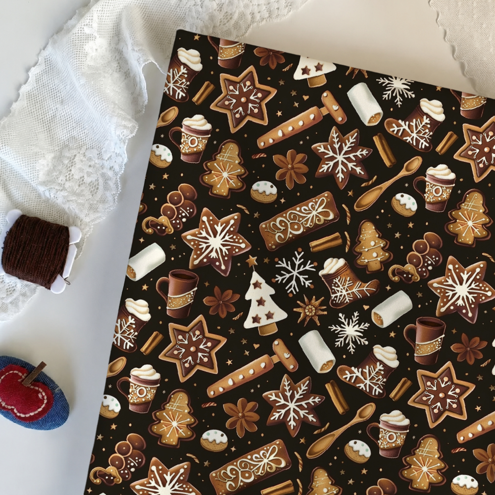 TEMU 1pc Tissu imprimé numérique motif biscuit de Noël et chocolat chaud, Multi-tailles disponibles, Tissu doux et confortable, Tissu d'artisanat en